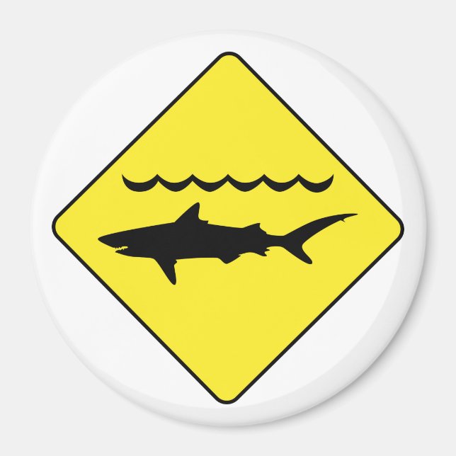 Yellow 'warning sharks' sign round magnet (Front)