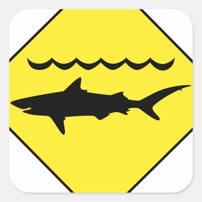 Yellow 'warning sharks' sign square sticker (Front)