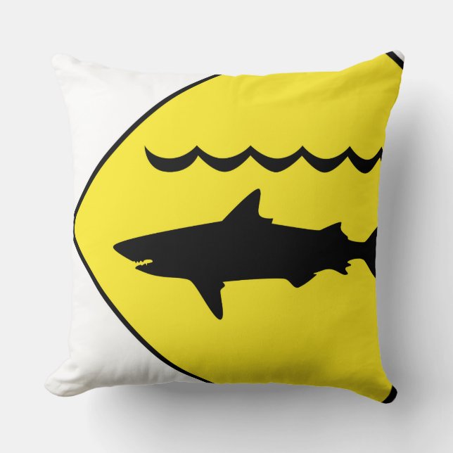 Yellow 'warning sharks' sign throw pillow (Front)