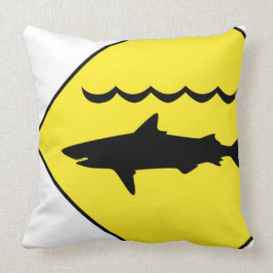 Yellow 'warning sharks' sign throw pillow