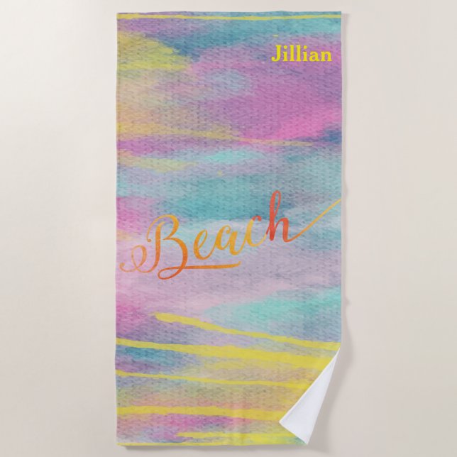 Yellow Watercolor Abstract Monogram Beach Towel (Front)