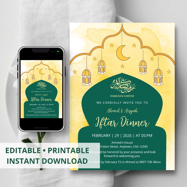 Yellow Watercolor and Green Arch Iftar Invitation (Creator Uploaded)
