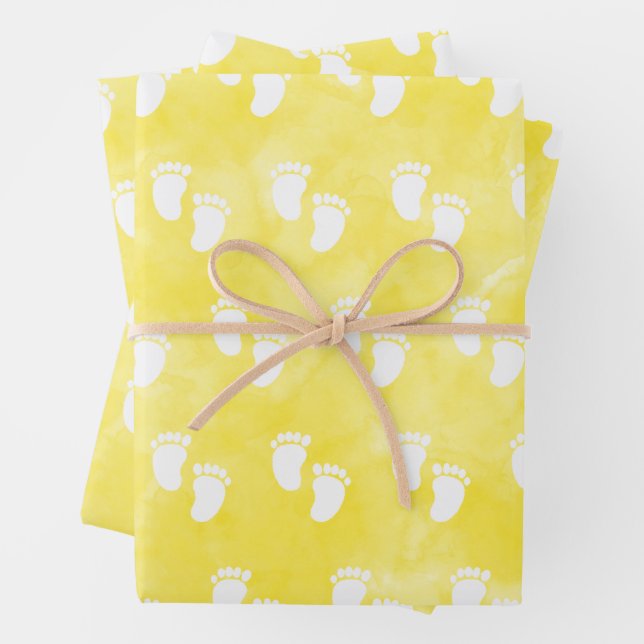 Yellow Watercolor Baby Shower Footprint Pattern Wrapping Paper Sheet (In situ)