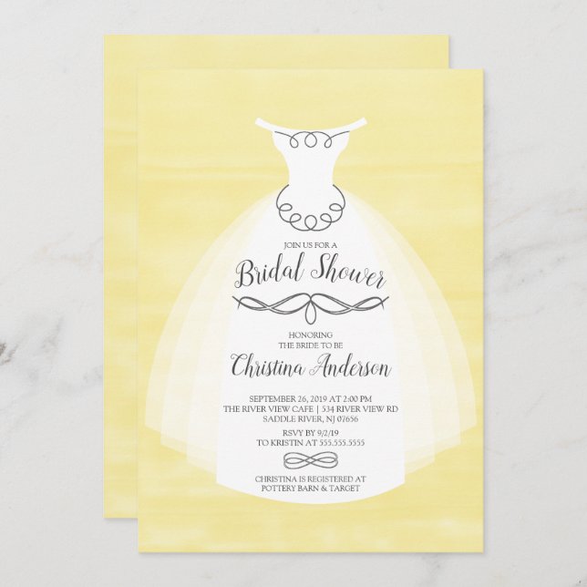 Yellow Watercolor Bride Gown Bridal Shower Invitation (Front/Back)