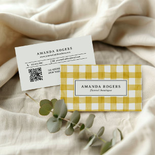 Yellow Watercolor Buffalo Plaid QR CODE modern  Business Card