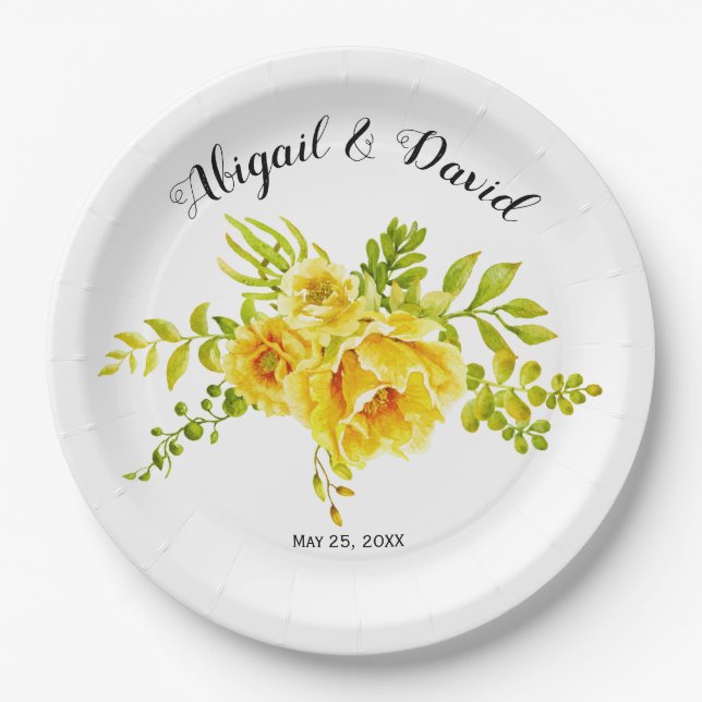 Yellow watercolor cactus flowers succulent wedding paper plate (Front)