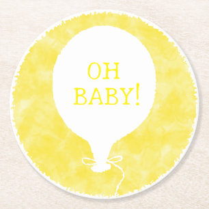 Yellow Watercolor Custom Text Baby Shower Oh Baby Round Paper Coaster