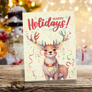 Yellow Watercolor Cute Christmas Lights Reindeer Postcard