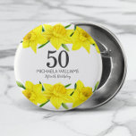Yellow Watercolor Daffodil 50th Birthday Party 3 Cm Round Badge<br><div class="desc">🌼🎉 Elevate your 50th birthday celebration with these charming "50th Birthday Daffodil" buttons! 🌼🥳 Immerse yourself in the beauty of yellow watercolor daffodil flowers and buds, gracefully blooming against a delicate off-white backdrop. The bright blooms symbolise the joy of the occasion. The prominent "50" takes centre stage, announcing the milestone...</div>