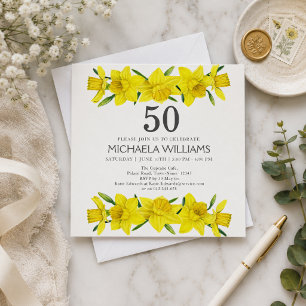Yellow Watercolor Daffodil 50th Birthday Party Invitation
