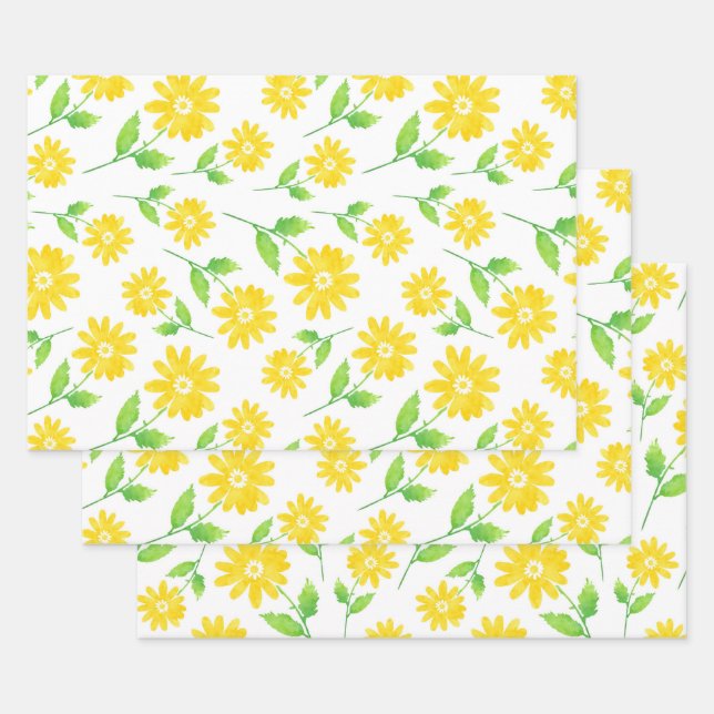 Yellow Watercolor Daisy Stems Pattern Wrapping Paper Sheet (Set)