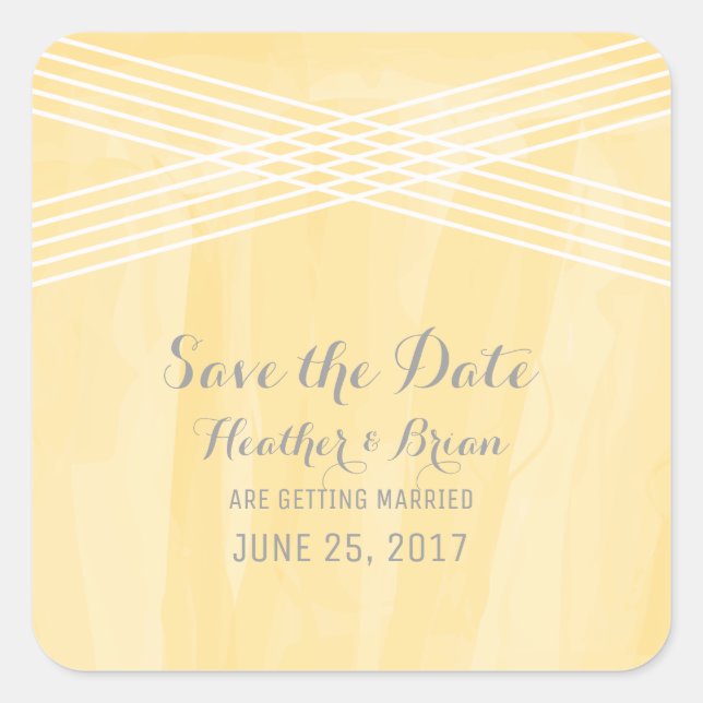 Yellow Watercolor Deco Save the Date Square Sticker (Front)