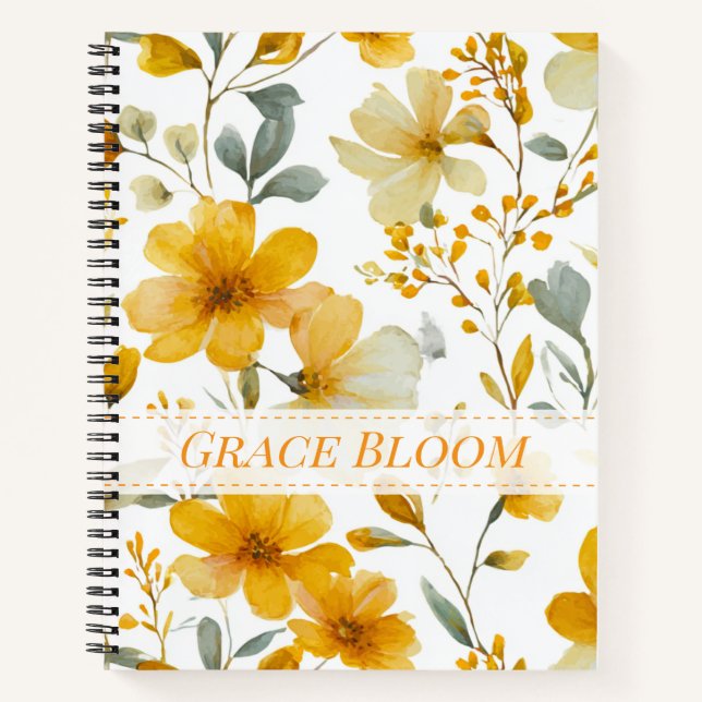 Yellow Watercolor Floral Botanical Flower Pattern Notebook (Front)