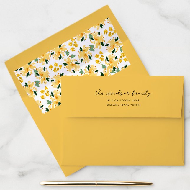 Yellow Watercolor Floral Garden Envelope (Yellow return address envelope with beautiful watercolor floral garden liner.)