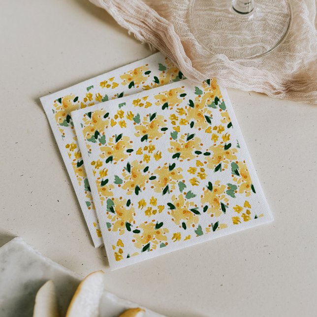 Yellow Watercolor Floral Garden Napkins (Yellow floral garden paper party napkins.)
