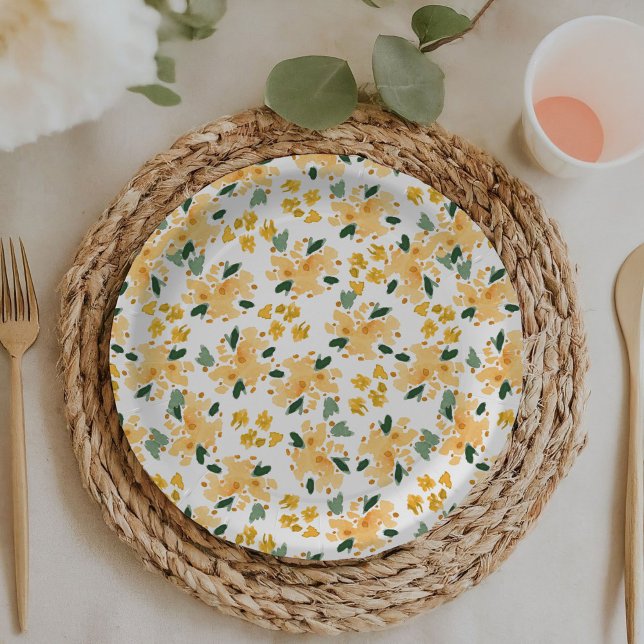Yellow Watercolor Floral Garden Paper Plates (Yellow watercolor floral garden baby or bridal shower paper plates.)