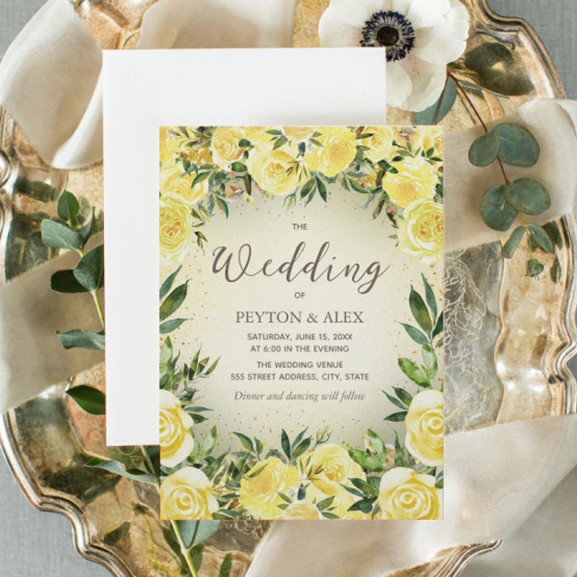 Yellow Watercolor Floral Gold Glitter Wedding Invitation (Creator Uploaded)