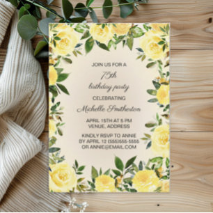 Yellow Watercolor Floral Greenery 75th Birthday Invitation