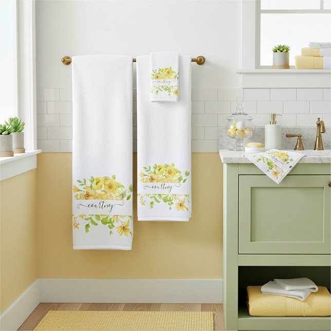 Yellow watercolor floral personalised  bath towel set (Creator Uploaded)