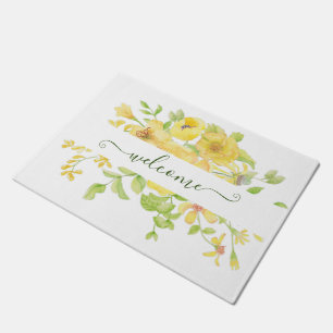Yellow watercolor floral personalised doormat