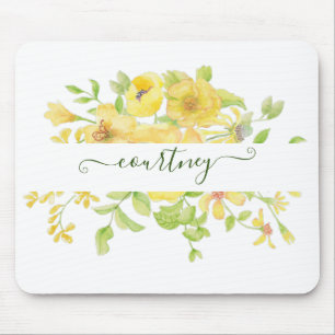 Yellow watercolor floral personalised mouse pad