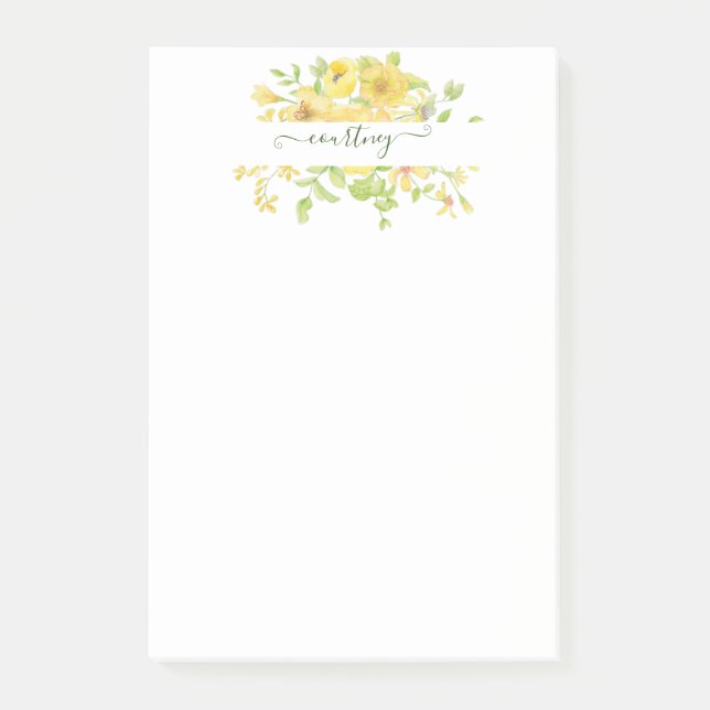 Yellow watercolor floral personalised   post-it notes (Front)