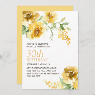 Yellow Watercolor Floral Women's 30th Birthday  Invitation