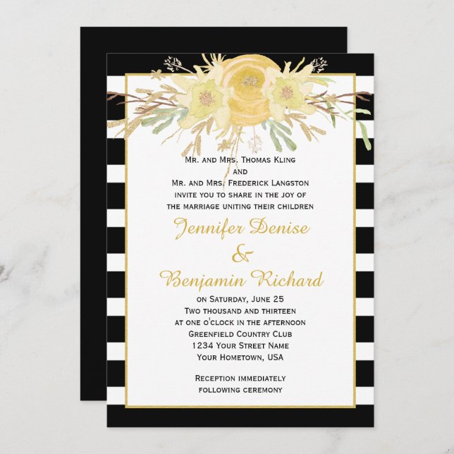 Yellow Watercolor Flowers Black Stripes Invitation (Front/Back)