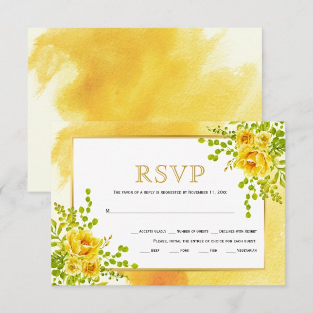 Yellow watercolor flowers floral wedding RSVP card (Front/Back)