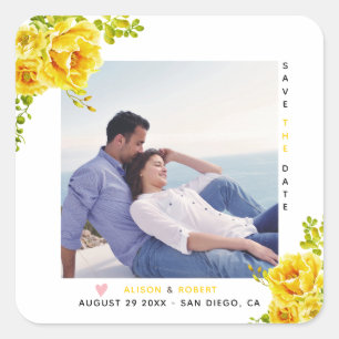 Yellow watercolor flowers, green leaves and photo square sticker