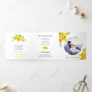 Yellow watercolor flowers green leaves, photo Tri-Fold programme