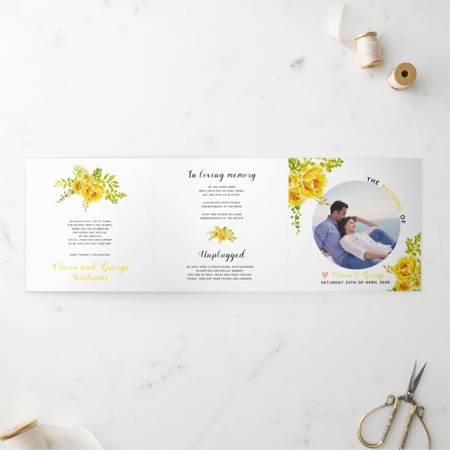 Yellow watercolor flowers green leaves,  photo Tri-Fold programme (Outside)