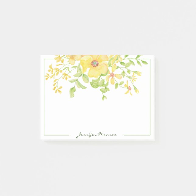 yellow watercolor flowers personalised post-it notes (Front)