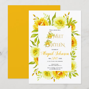 Yellow watercolor flowers sweet sixteen birthday invitation