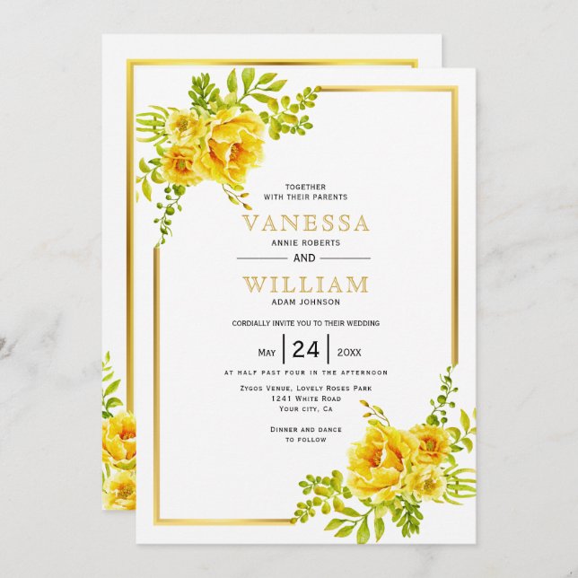 Yellow watercolor flowers wedding request invitation (Front/Back)
