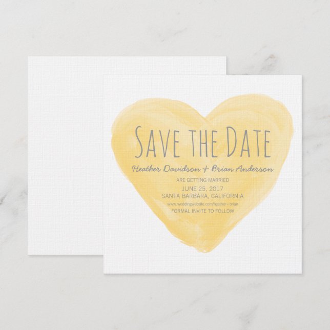 Yellow Watercolor Heart Save the Date Invite (Front/Back)
