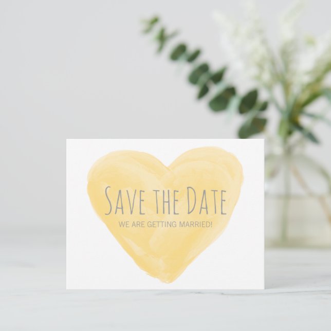 Yellow Watercolor Heart Save the Date Postcard (Standing Front)