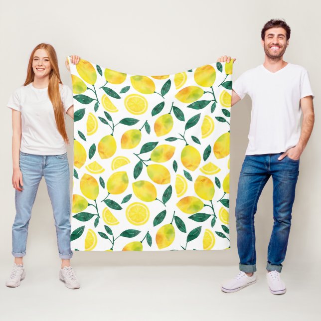 Yellow Watercolor Lemon Pattern Fleece Blanket (In Situ)
