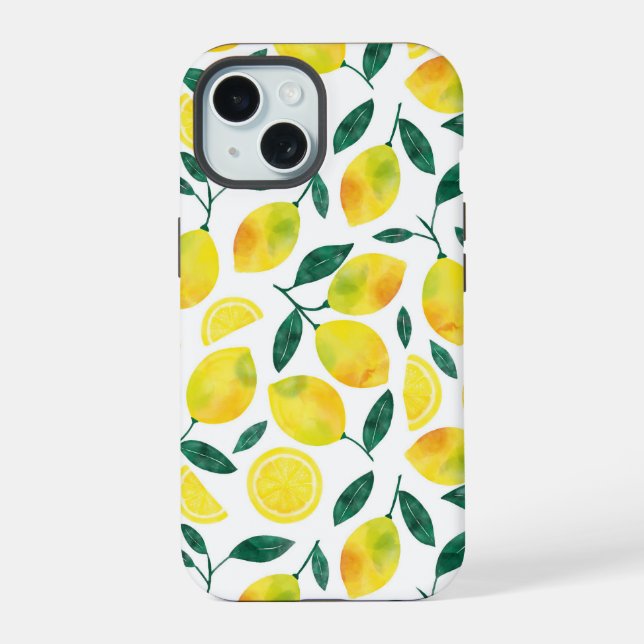 Yellow Watercolor Lemon Pattern iPhone 15 Case (Back)