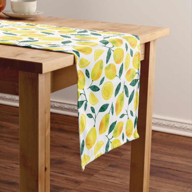 Yellow Watercolor Lemon Pattern Medium Table Runner (In Situ)