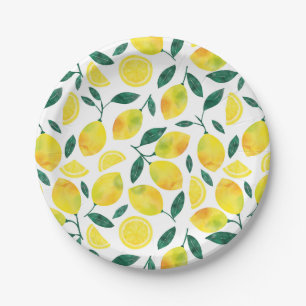 Yellow Watercolor Lemon Pattern Paper Plate