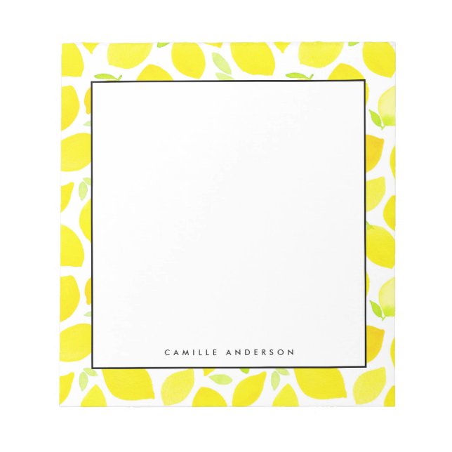 Yellow Watercolor Lemon Pattern Personalised Notepad (Front)