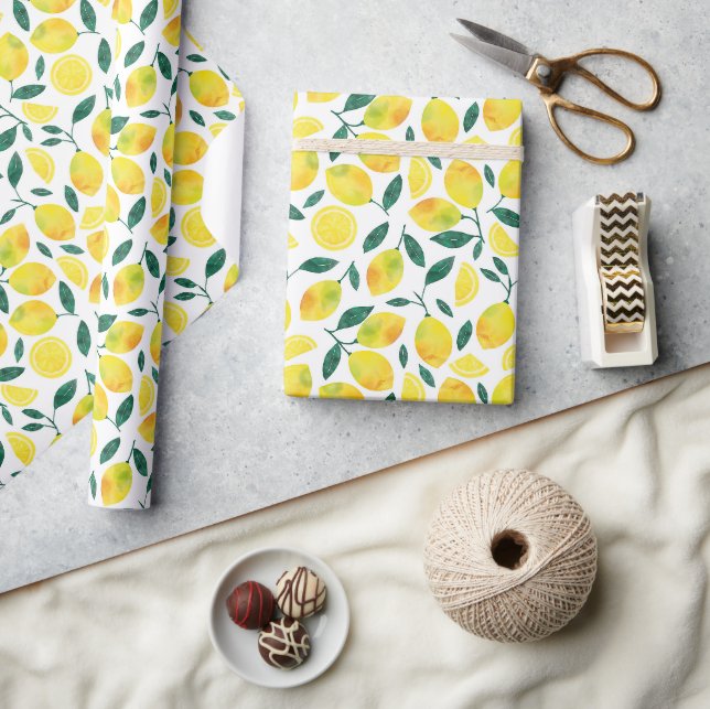 Yellow Watercolor Lemon Pattern Wrapping Paper (Crafts)