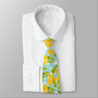 Yellow Watercolor Lemon Tree Pattern Blue Tie