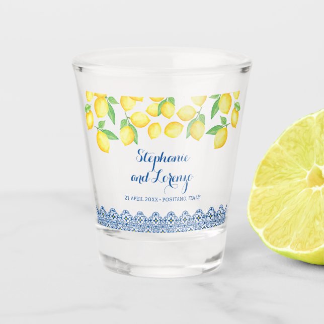 Yellow Watercolor Lemons Blue Mediterranean Tile Shot Glass (Front)
