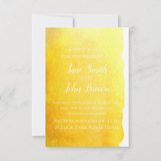Yellow watercolor modern art beach wedding invitation (Front)