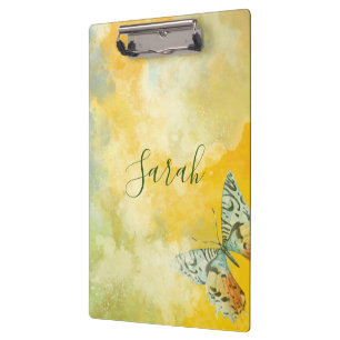 Yellow Watercolor Monogram Name Tie Dye Butterfly  Clipboard