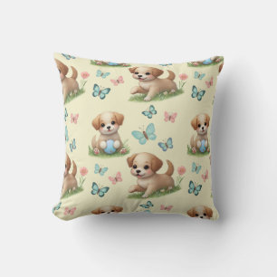 Yellow Watercolor Puppies and Butterflies Cushion