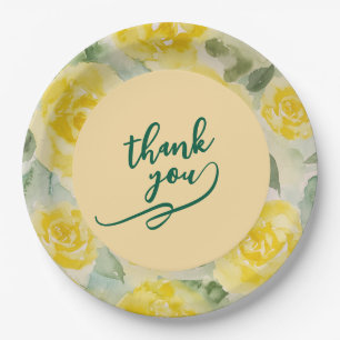 Yellow Watercolor Rose Floral Wedding Paper Plate