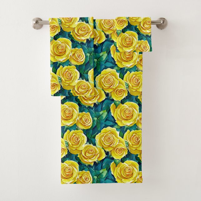 Yellow Watercolor Rose Pattern  Bath Towel Set (Insitu)